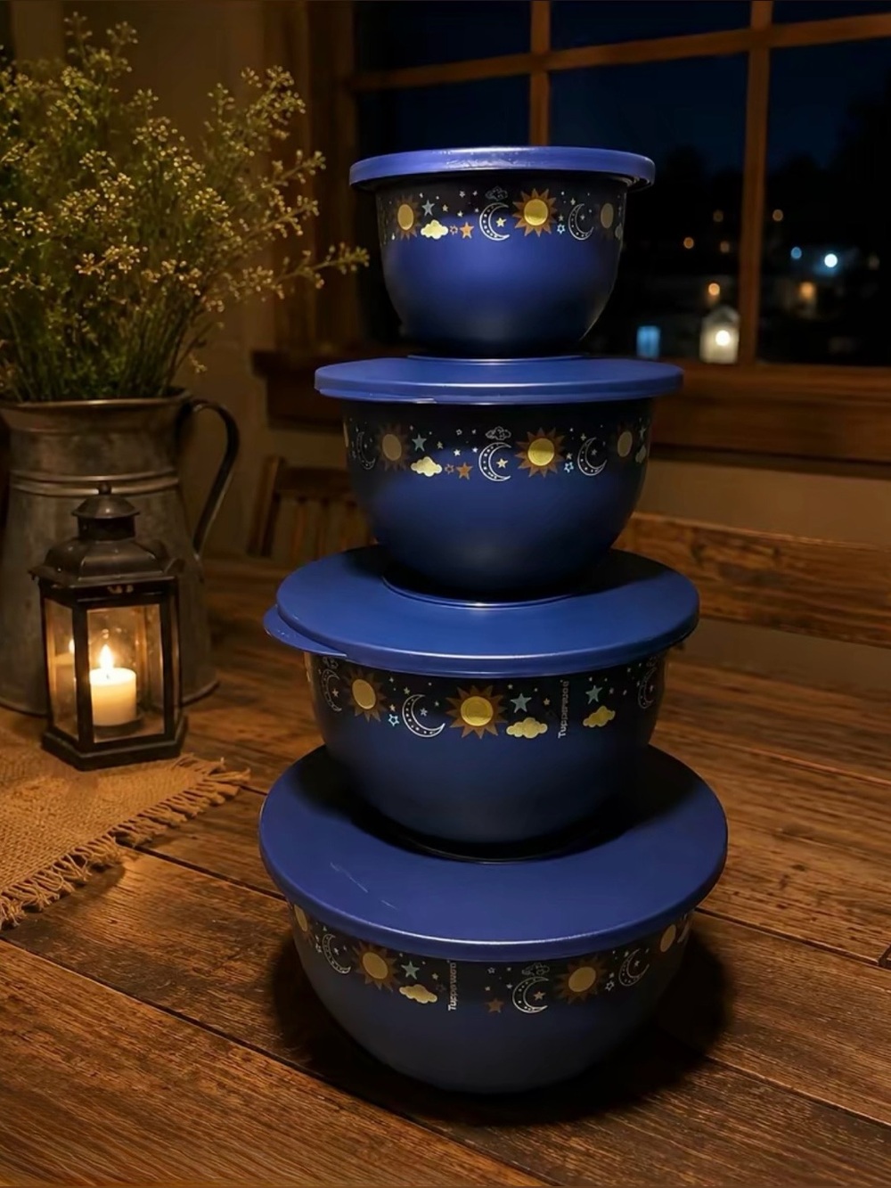 Tupperware Blue Decorative Nesting Mixing Bowls with Lids - Sun & Moon Pattern